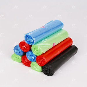 HDPE star-sealed trash bag on roll in multi colors.