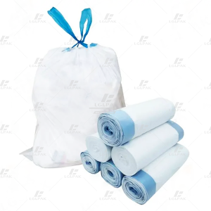 polythene white drawstring trash bags on roll